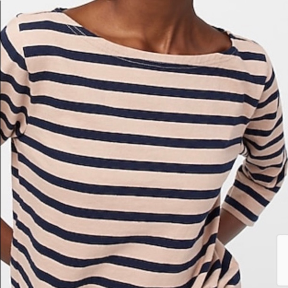 J Crew navy and tan striped boatneck top